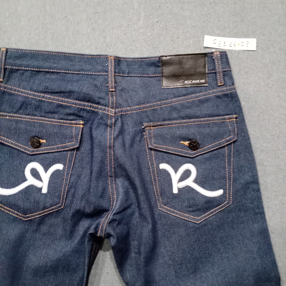 Rocawear Mens Dark Wash Embroidered Logo Straight Leg Jeans 34x32 Indigo